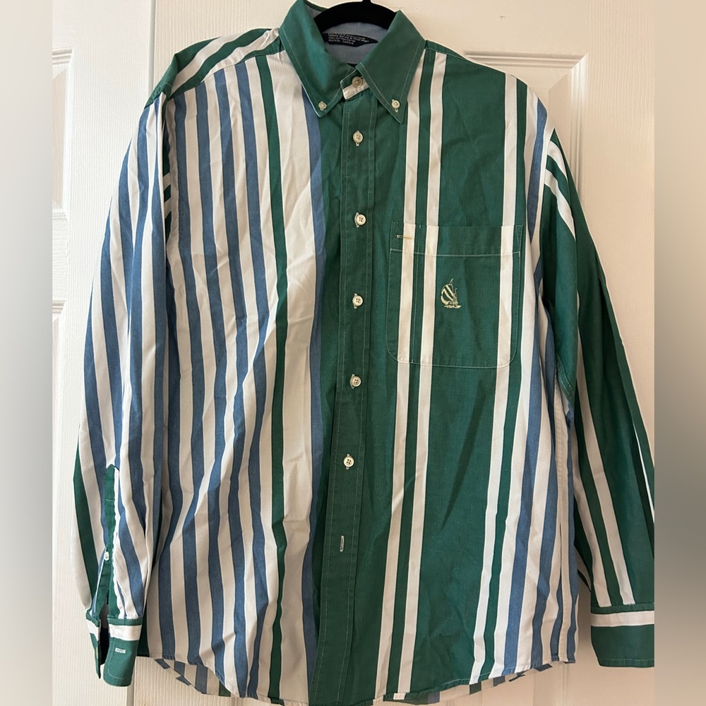 vintage Nautica button-down shirt green vertical stripes sail preppy men’s S